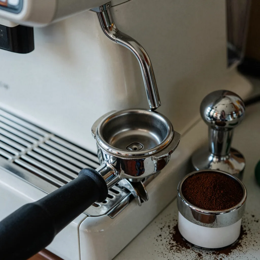 Kuvituskuva: espressokeittimen suodatinkahva ja tampperi